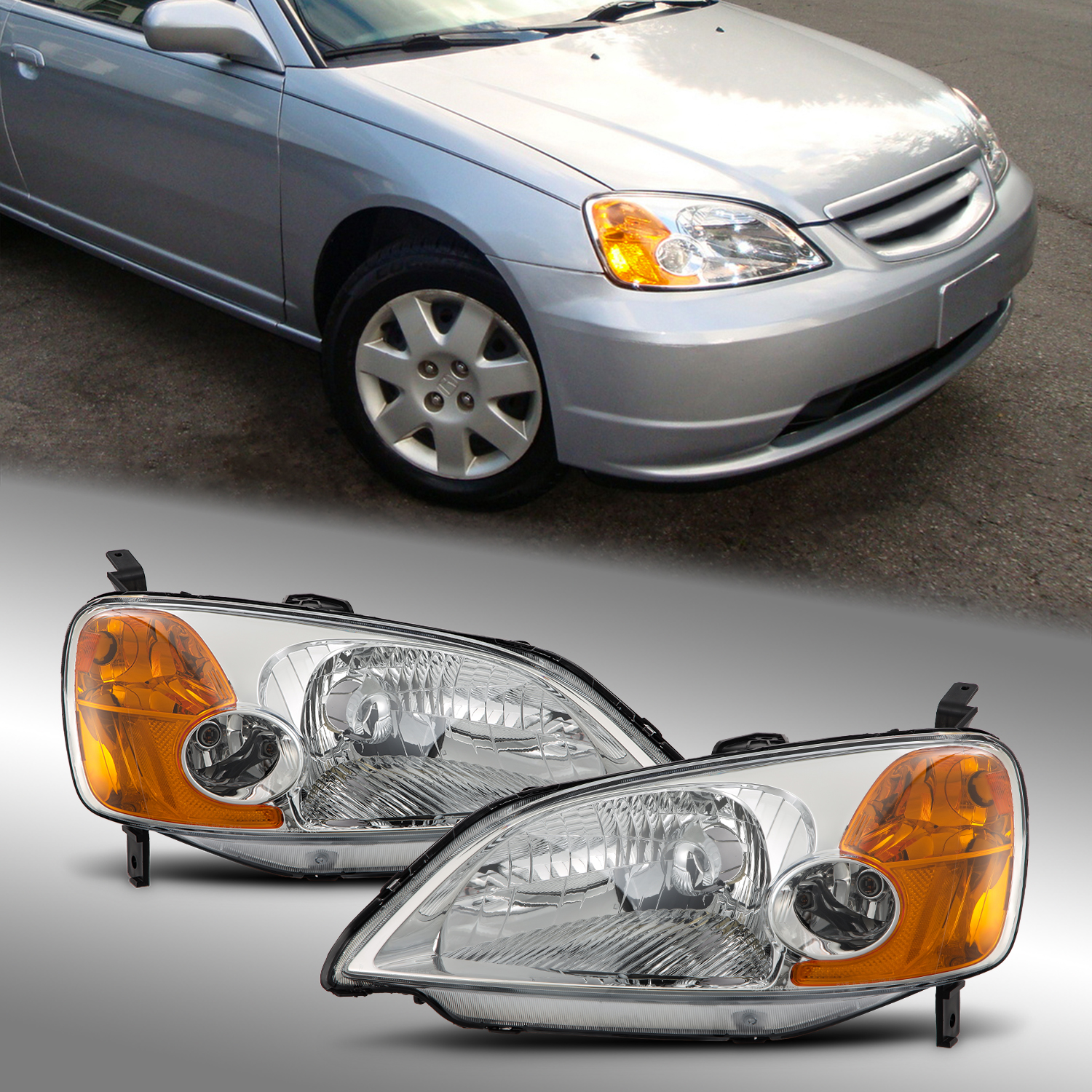 Fit 2001-2003 Honda CIVIC Chrome Clear Lens Headlights Replacement Pair Assembly