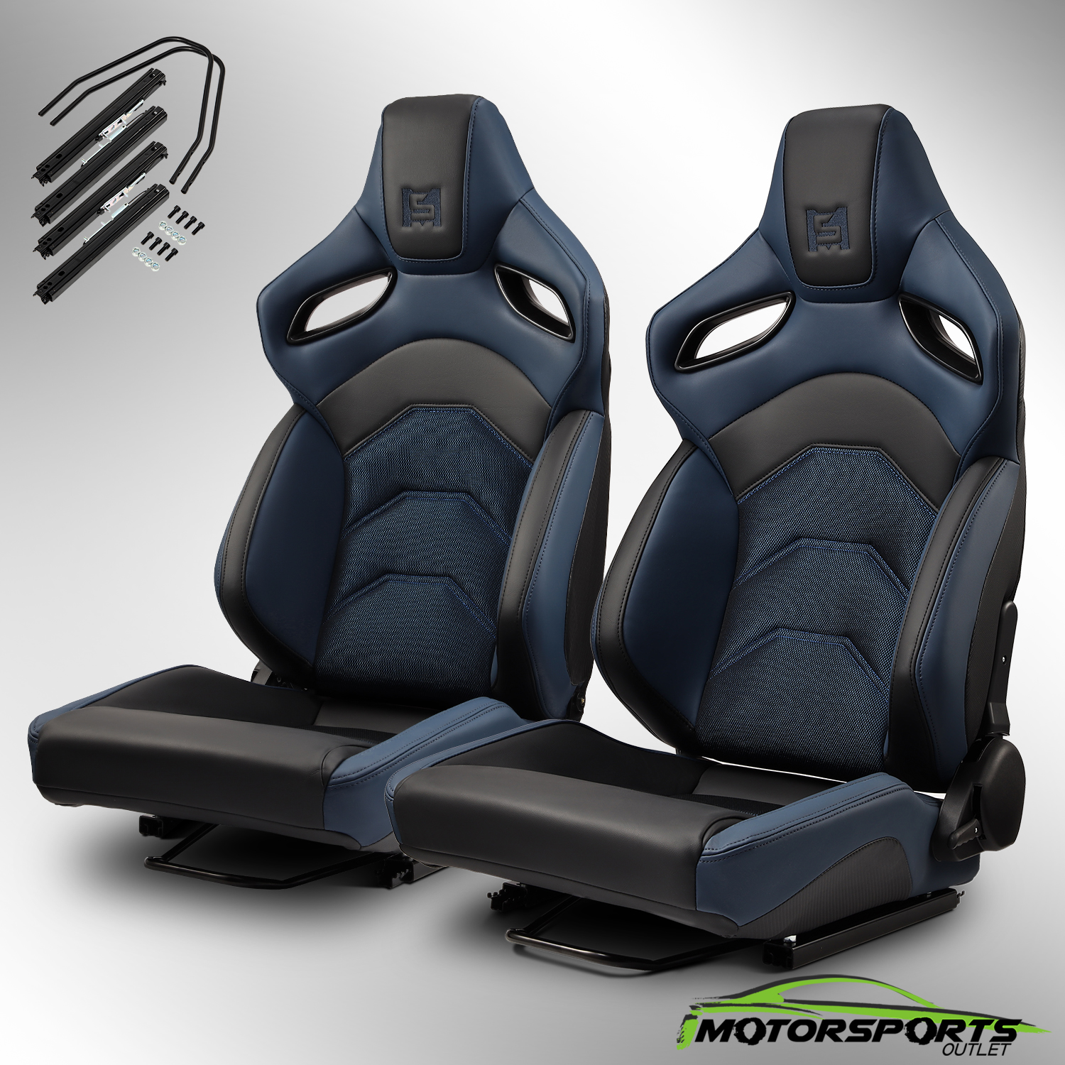 Dark Knight Series] Black-Blue Reclinable PVC Racing Seats Pair w