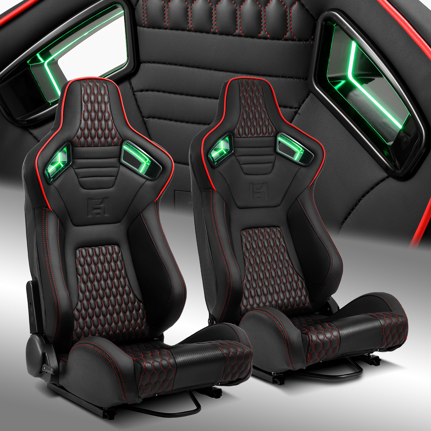 [Noen Racer Series]Univeral Reclinable PVC Racing Seats Pair Black+Red 2PC