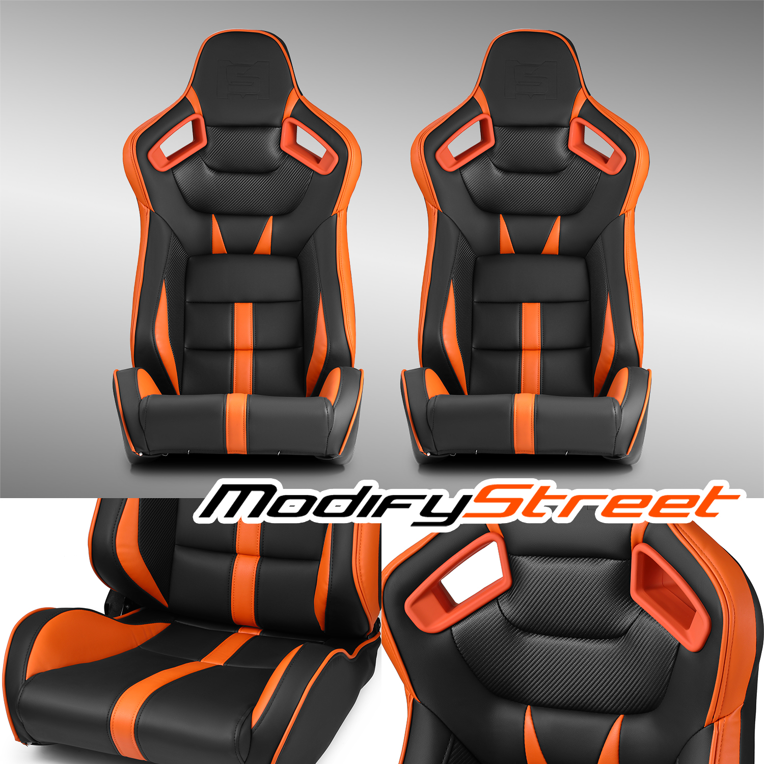 Black-Orange PVC Reclinable VIPER-Series Sport Racing Seats Pair W/Slider Left/Right