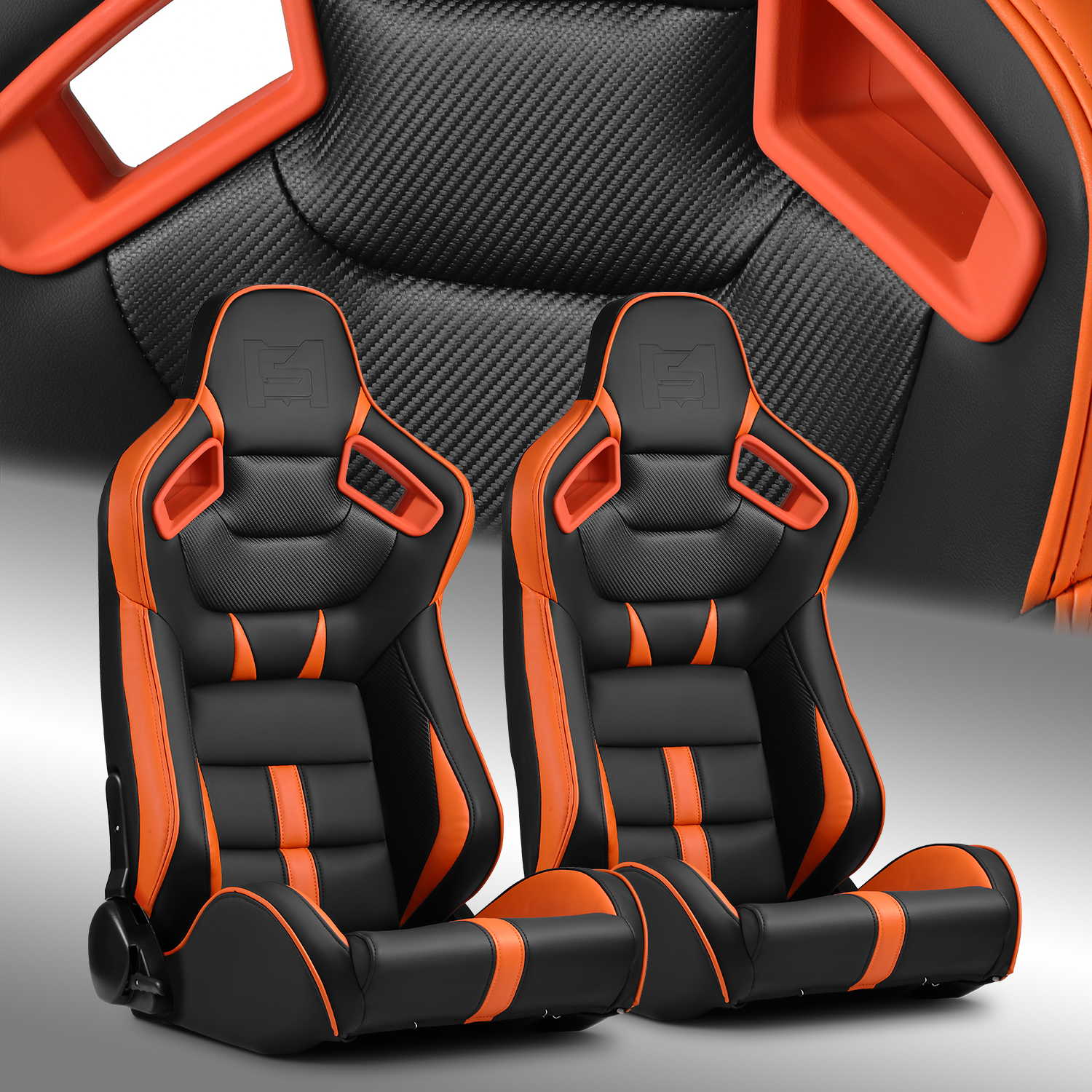 VIPER-Series Black-Orange PVC Reclinable Sport Racing Seats Pair W/Slider