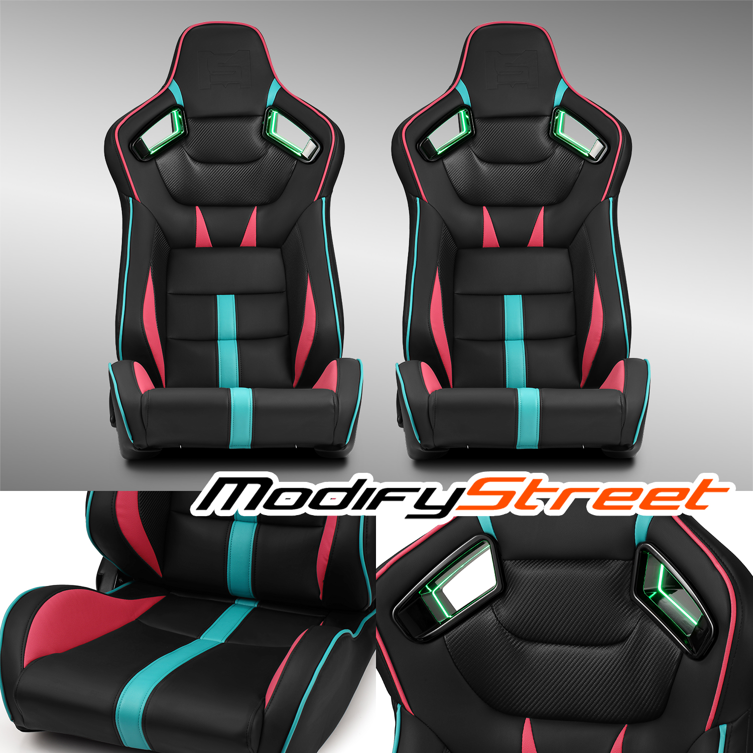 [Noen Racer Series]Reclinable Univeral PVC Racing Seats Pair Black+Pink/Blue