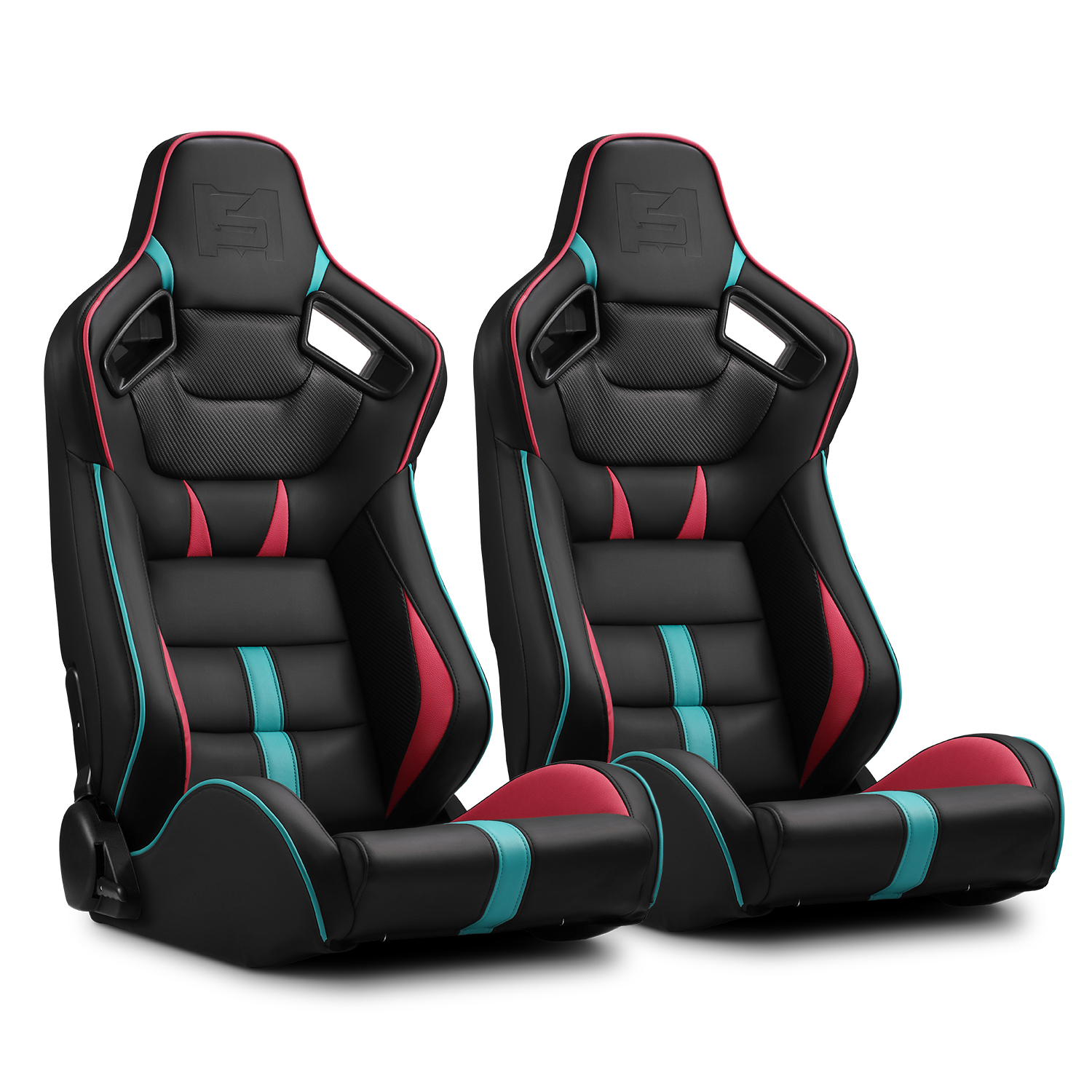 VIPER-Series Black with Red/Blue PVC Reclinable Racing Seats Pair W/Slider Left/Right