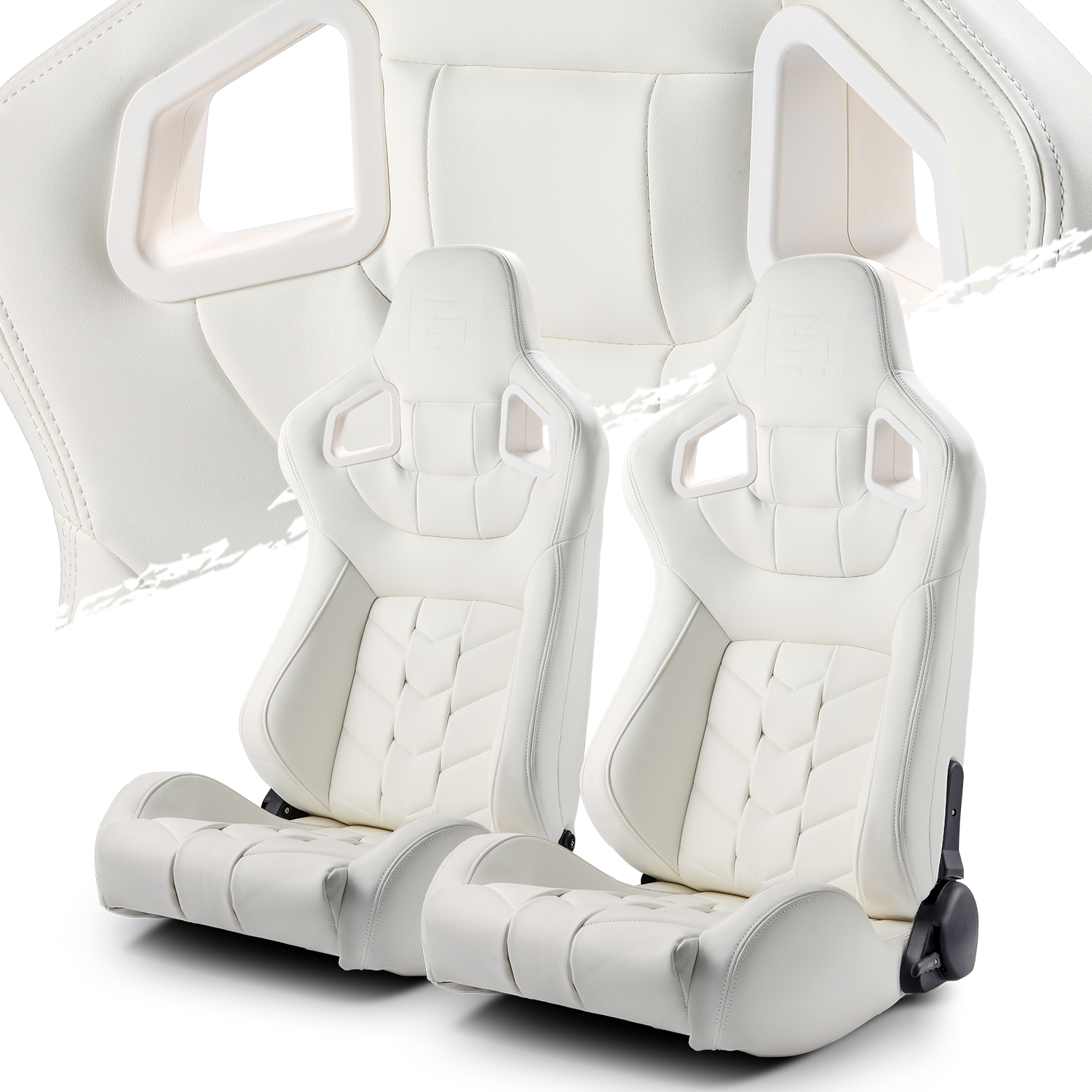 White PVC Pure Series Reclinable Racing Seats Pair Left/Right W/Slider