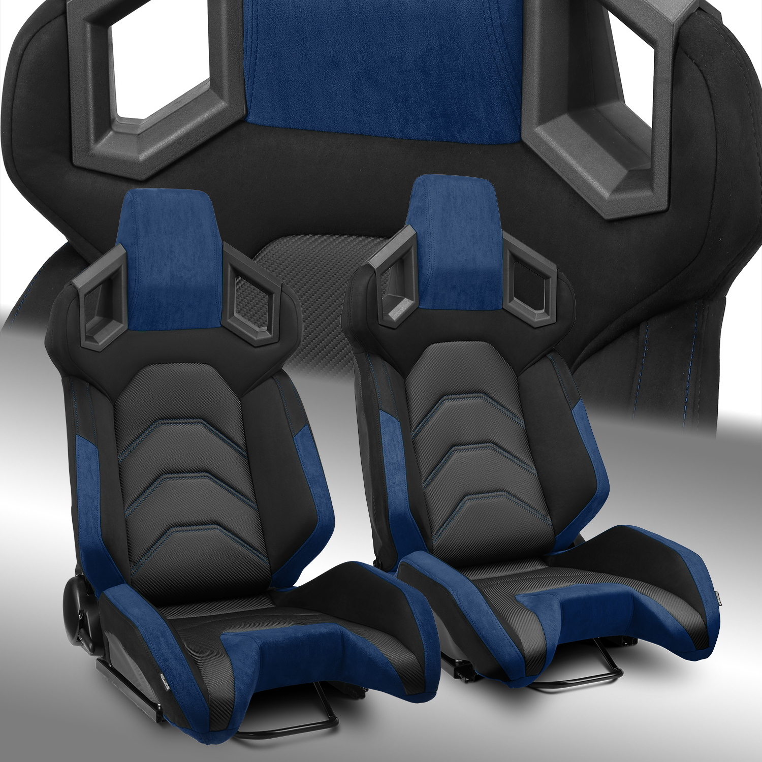 [Pure Series] 2X Pure Black+Blue Reclinable PVC Car Racing Seats W/Slider