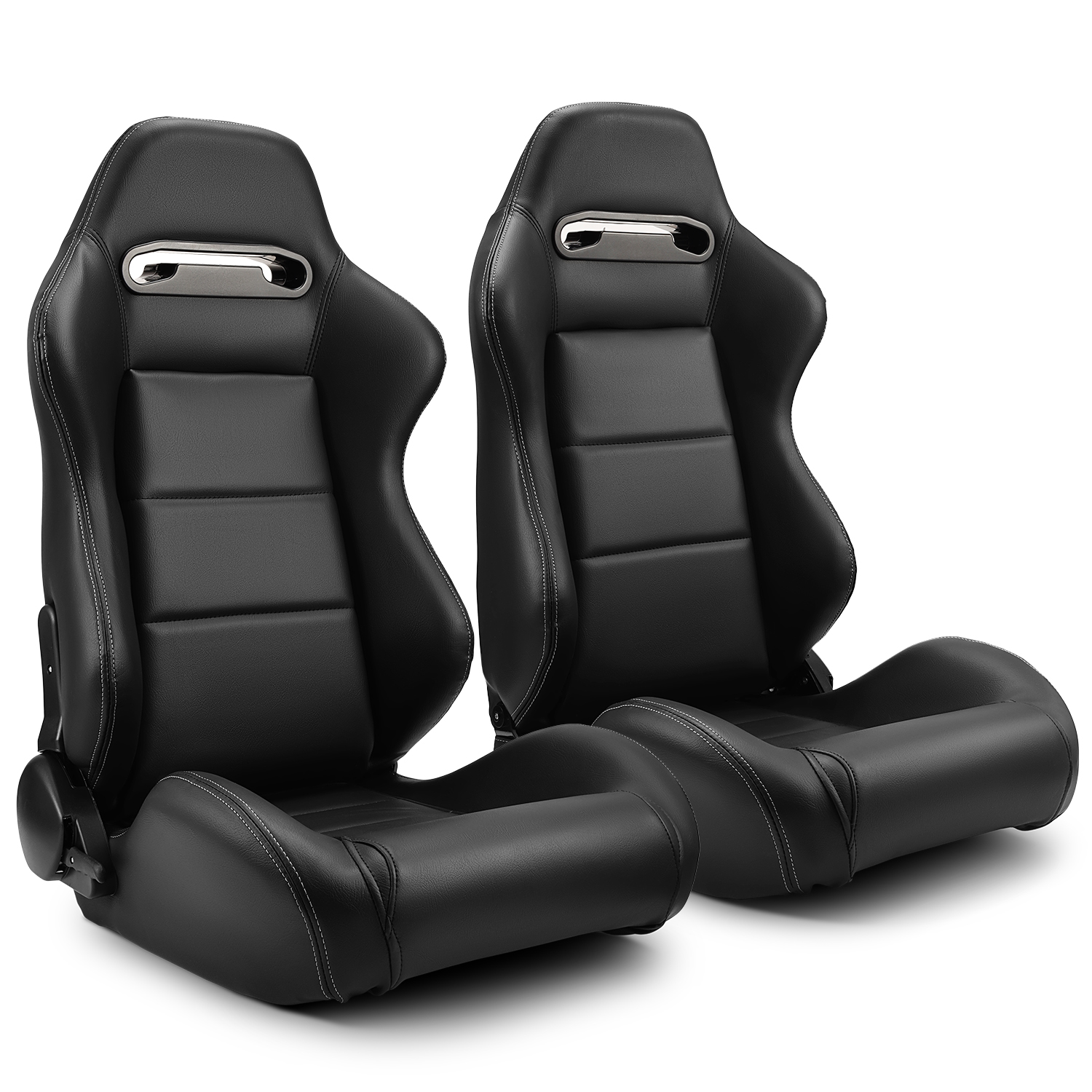 Pair Reclinable Racing Seats Classic Plain Black PVC Car Seats W/Slider
