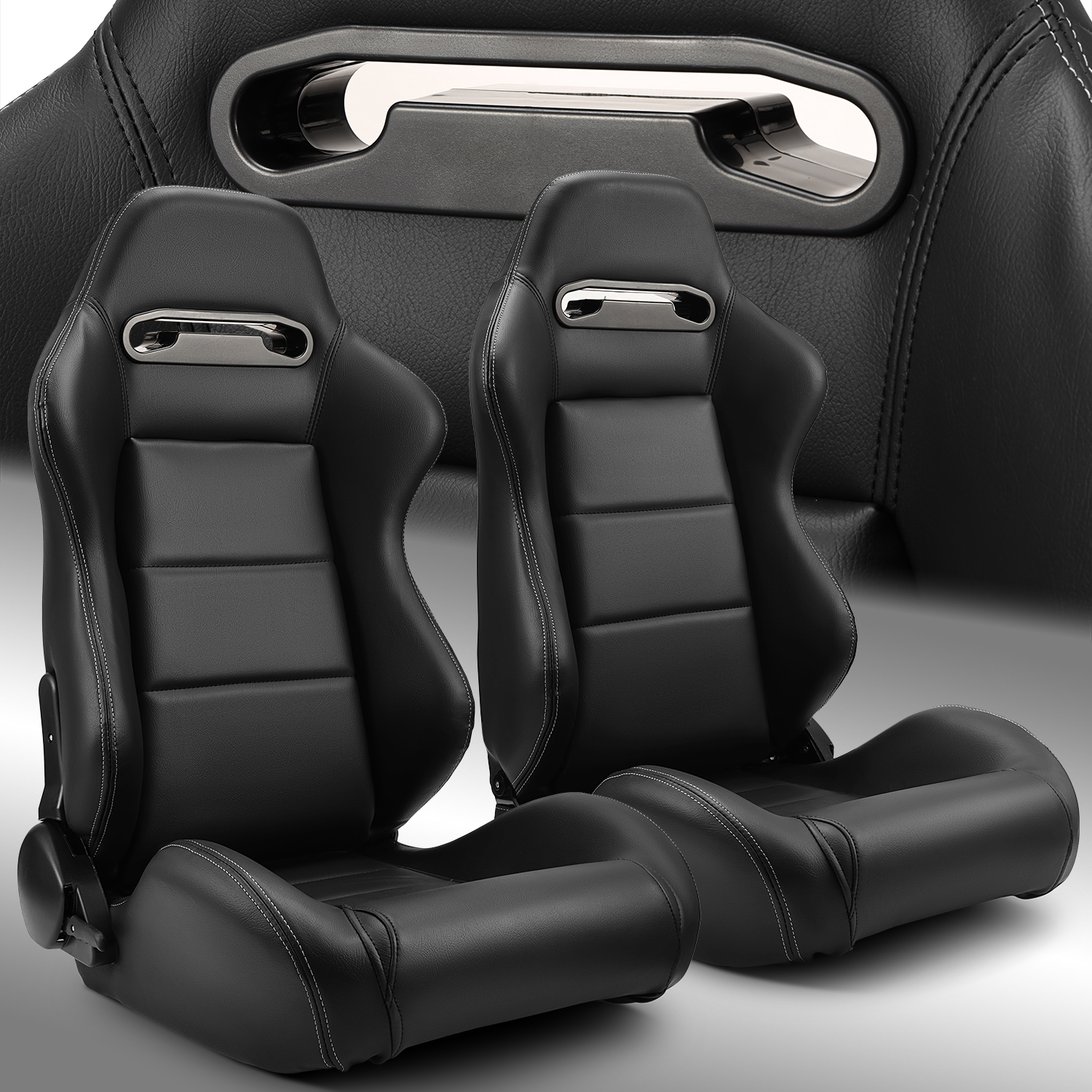 Reclinable PVC Racing Seats Classic Plain Black Car Seats Pair W/Slider