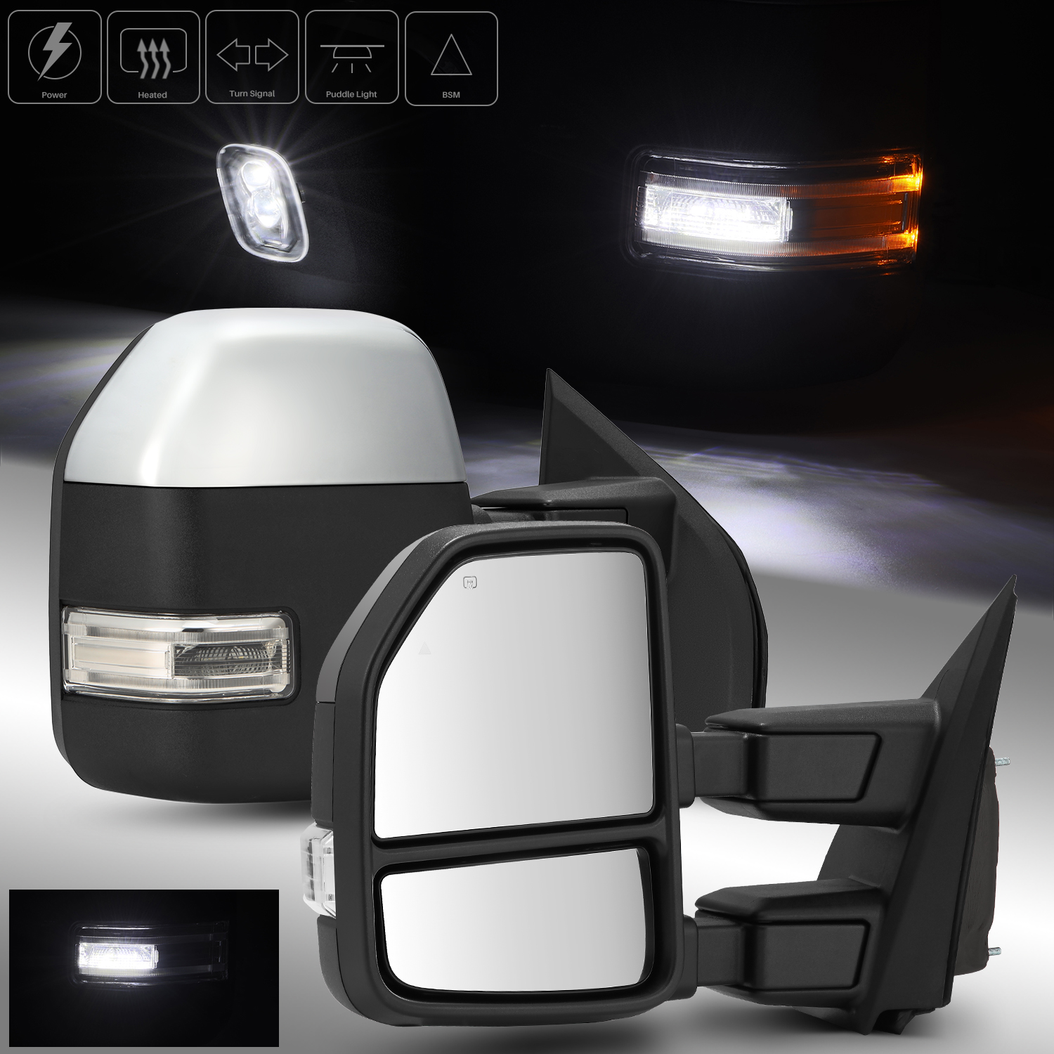Chrome Towing Mirrors Pair For 2021-2023 Ford F150 Power Heated Turn Signal BSM