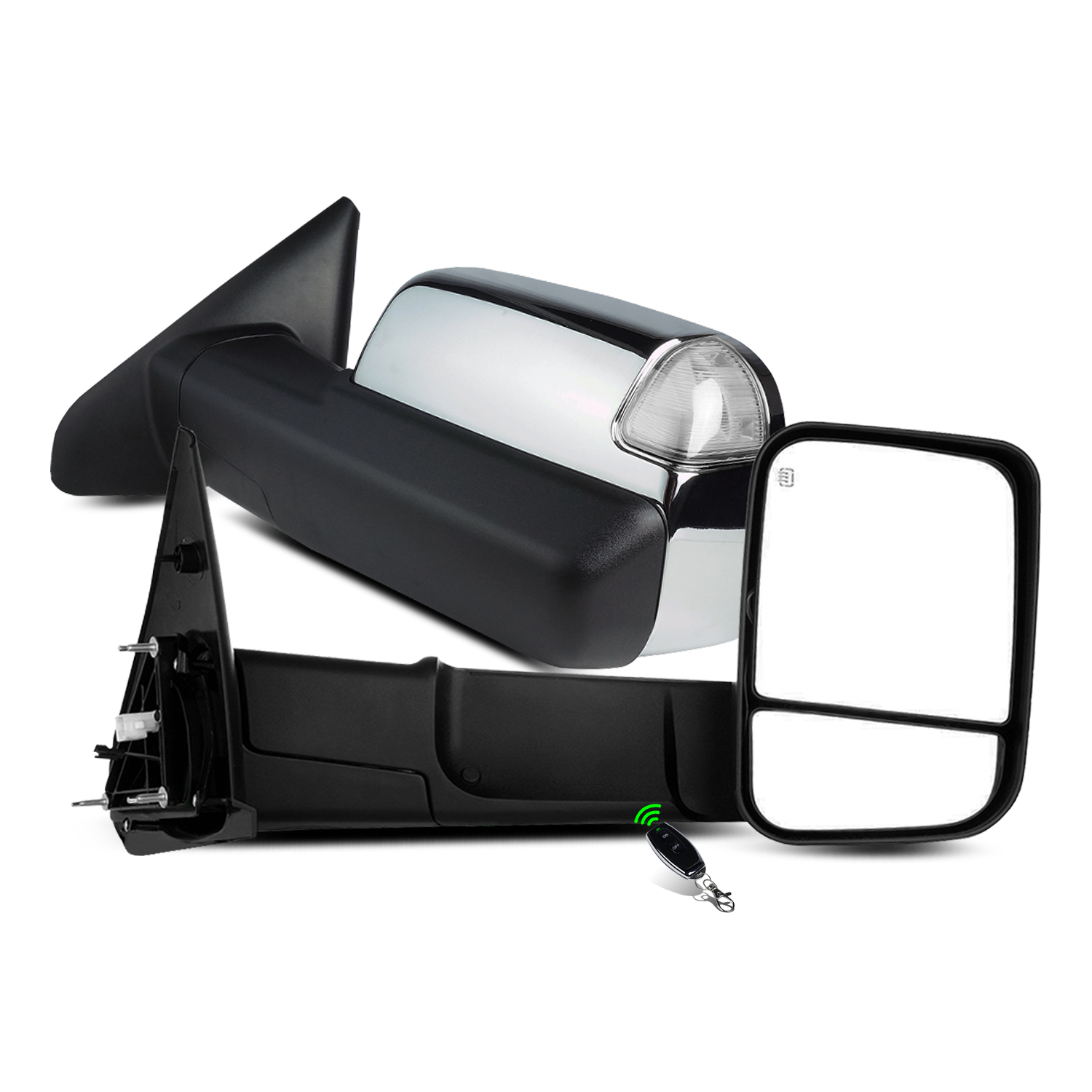 For 09-18 Ram Remote Controlled Power Folded Chrome Towing Mirrors/Clear Signal