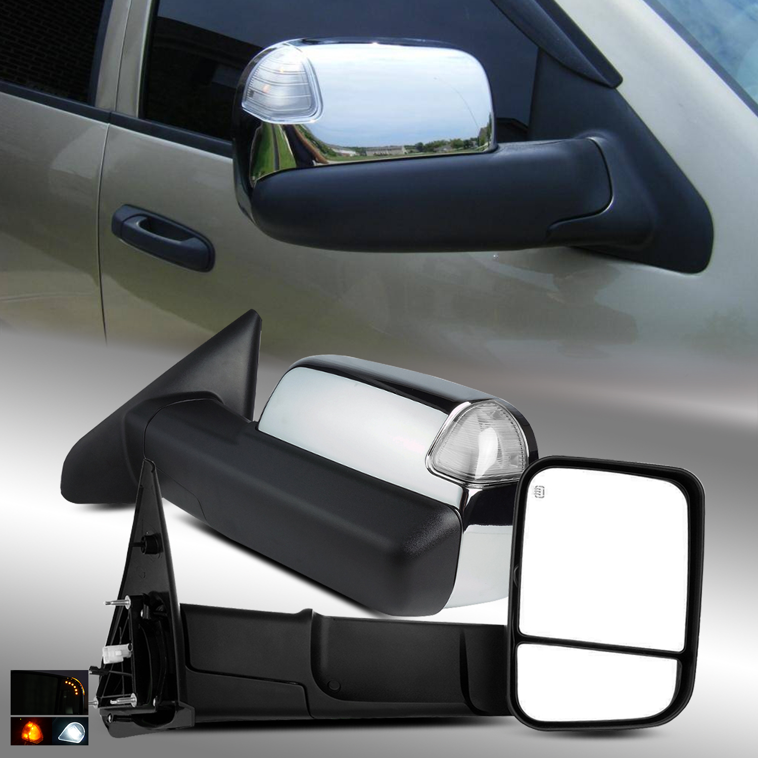 For 09-18 Ram 1500 Power Folded Upgrade Clear Signal Chrome Towing Mirrors